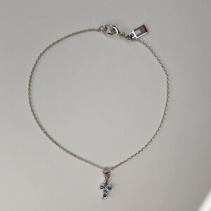 Tommy Hilfiger Silver Tone Cross Charm Anklet‎ Blue Crystal Flag Tag